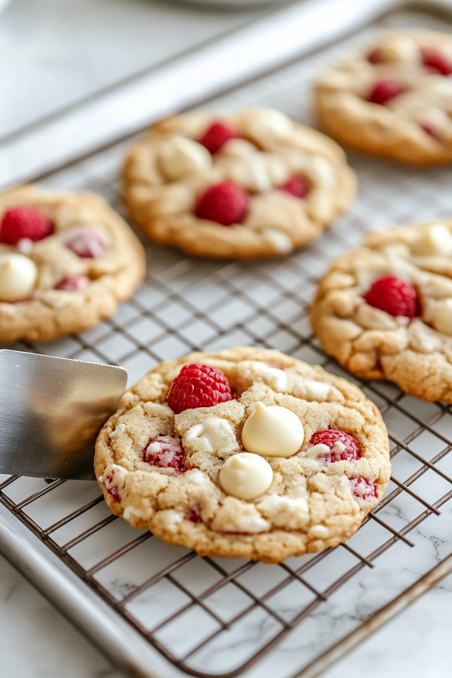 Freshly baked cookies cooling on the baking sheet for 10 minutes before being transferred to a wire rack.