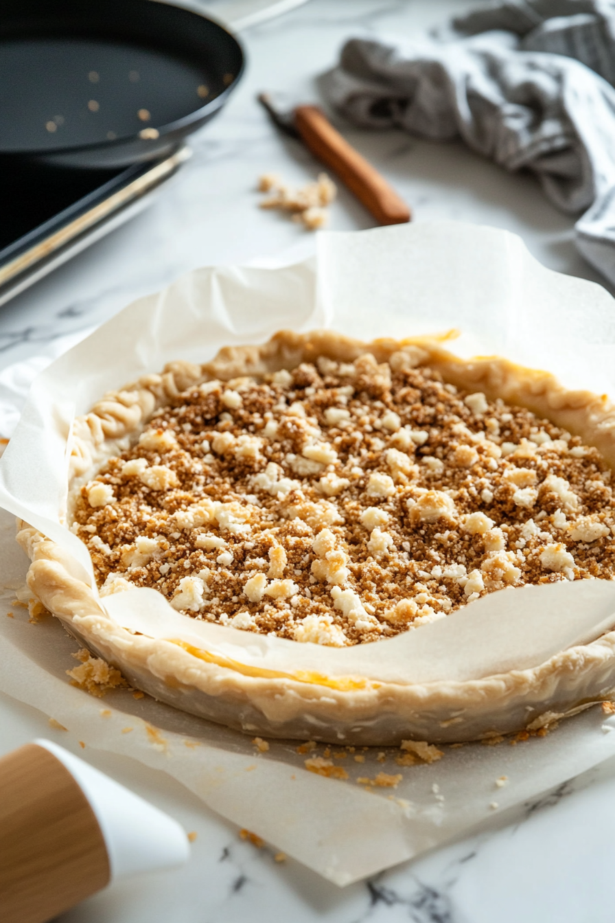 The unbaked pie, now topped with a generous layer of crumble, is carefully wrapped in two 15-inch pieces of parchment paper on the white marble cooktop. The edges of the parchment are folded up securely, and a baking sheet sits nearby, prepared to hold the wrapped pie for baking.