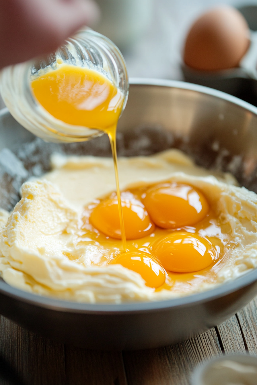 Two large eggs being added one at a time to the butter-sugar mixture, followed by a teaspoon of vanilla extract, all being mixed with a spatula.