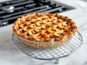 The freshly baked Cherry Apple Pie resting on a wire rack atop the white marble cooktop. The golden crust and glistening filling invite anticipation as the pie cools for serving.