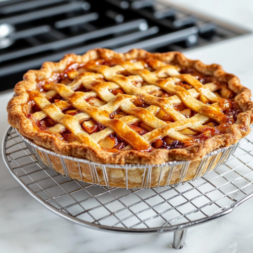 The freshly baked Cherry Apple Pie resting on a wire rack atop the white marble cooktop. The golden crust and glistening filling invite anticipation as the pie cools for serving.