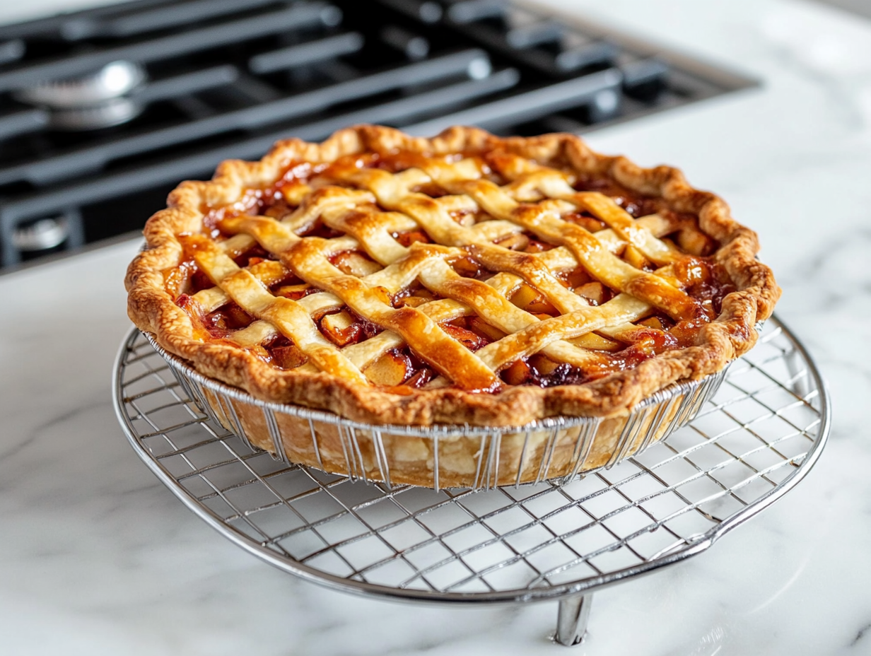 The freshly baked Cherry Apple Pie resting on a wire rack atop the white marble cooktop. The golden crust and glistening filling invite anticipation as the pie cools for serving.