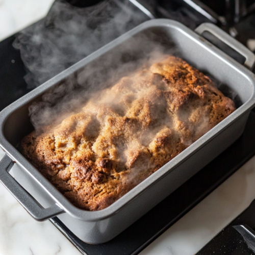 The baked loaf cooling on a wire rack after being removed from the pan. The toothpick test is shown with the toothpick coming out clean