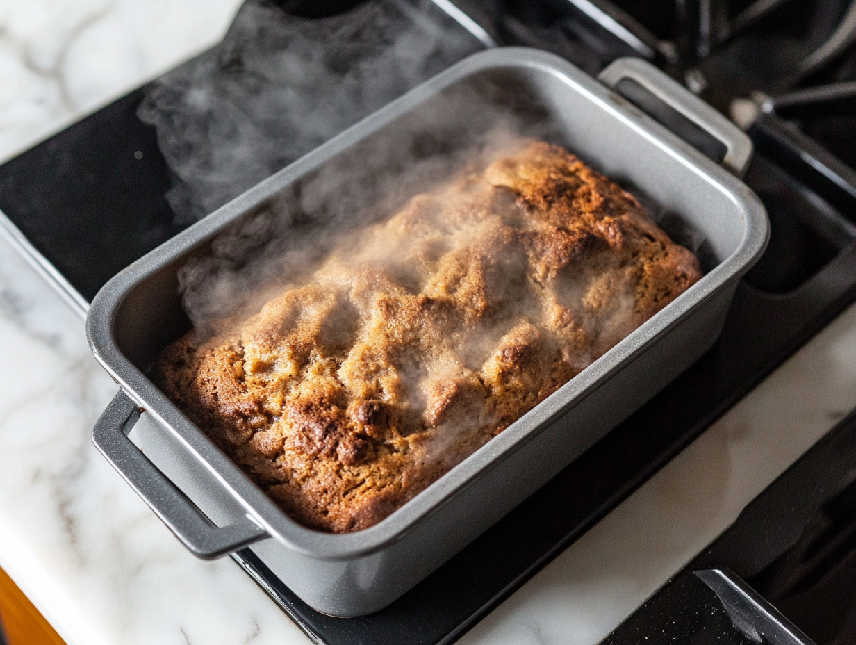 The baked loaf cooling on a wire rack after being removed from the pan. The toothpick test is shown with the toothpick coming out clean