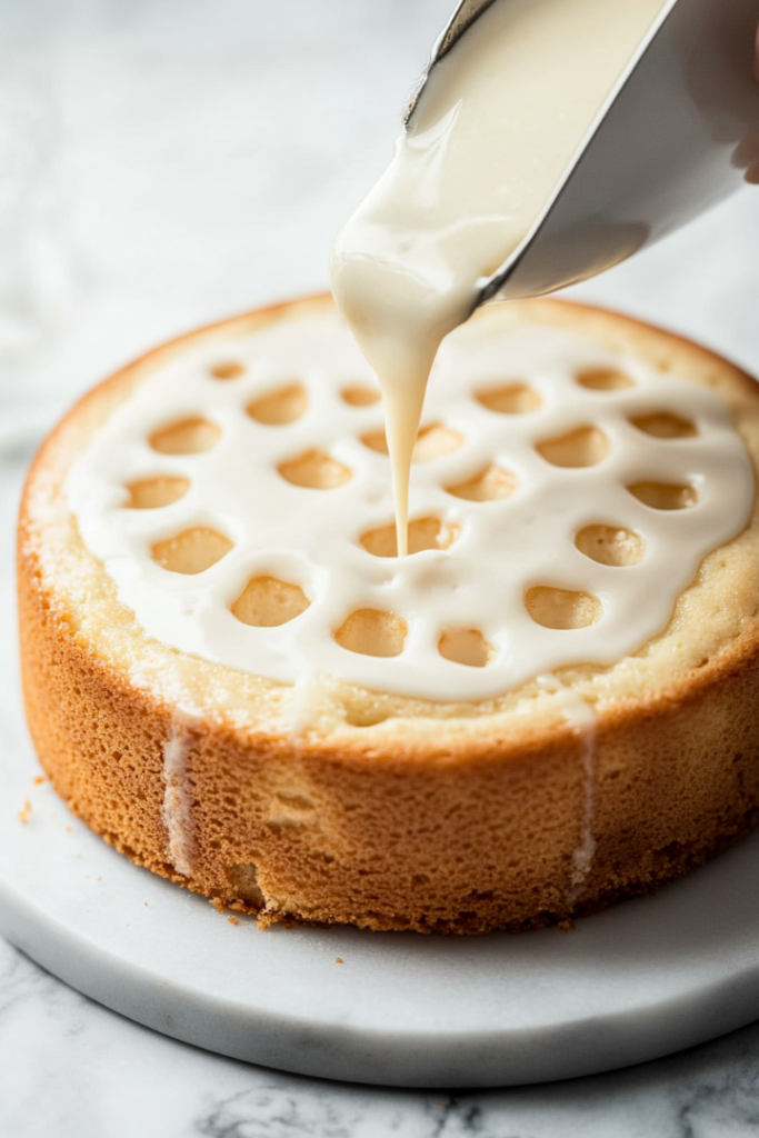 The freshly baked cake on the white marble cooktop with holes poked into it using a butter knife. The smooth glaze is being poured over the top, spreading evenly across the cake