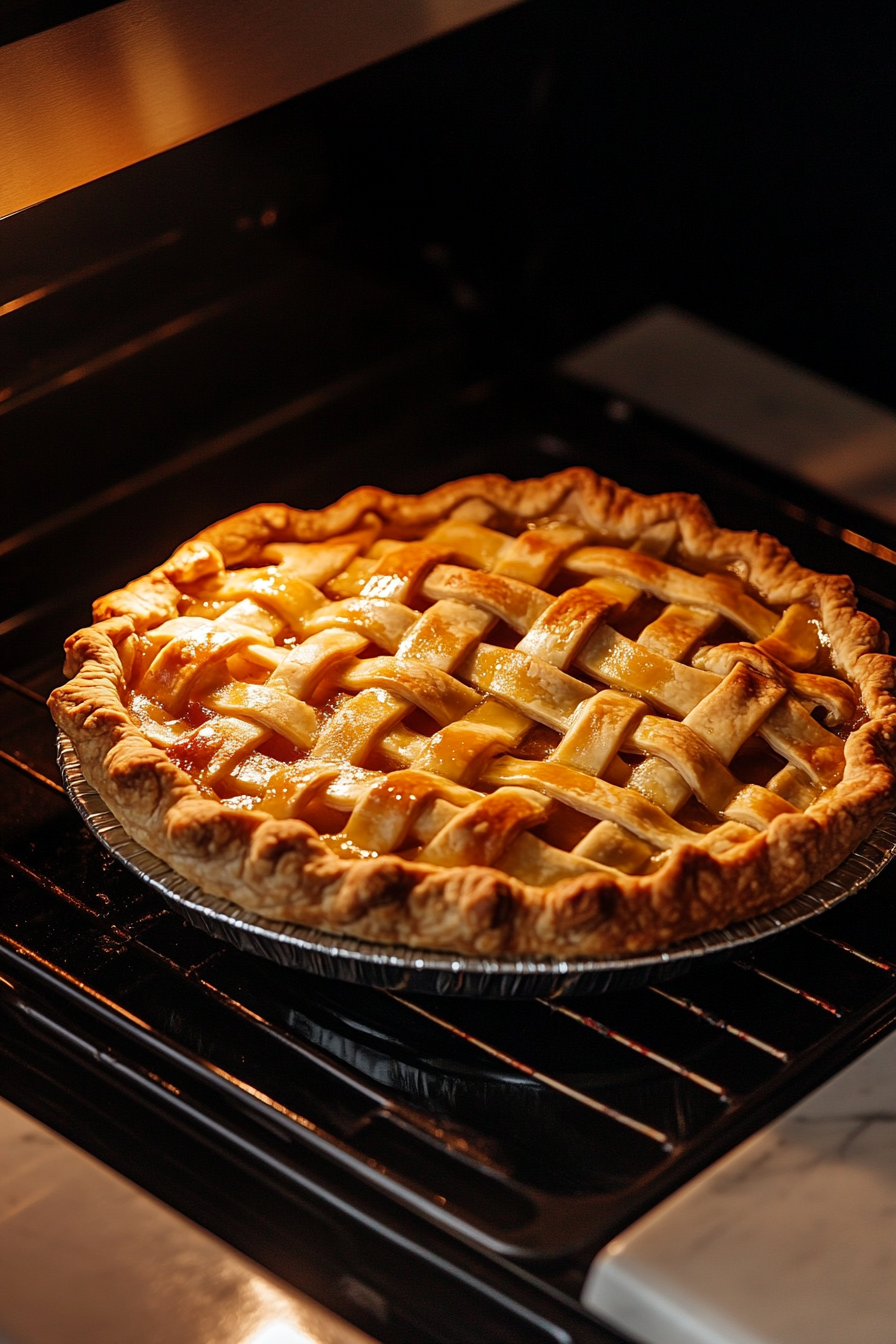 The freshly baked Cherry Apple Pie resting on a wire rack atop the white marble cooktop. The golden crust and glistening filling invite anticipation as the pie cools for serving.