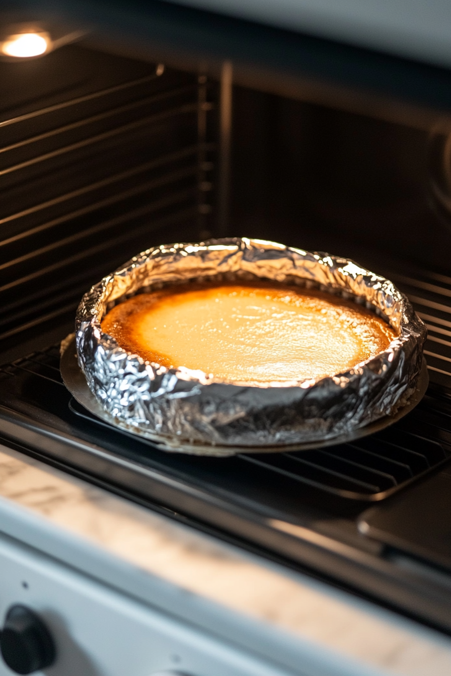 The springform pan, wrapped in foil, sits in a water bath inside the oven, baking at 325°F. The white marble cooktop is visible in the foreground, and the cheesecake is baking evenly in the warm oven light.