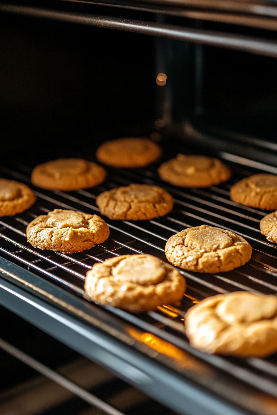 A close-up view of cookies mid-bake in the oven. The tops are crinkling as they expand, and the baking sheet is visible on the oven rack