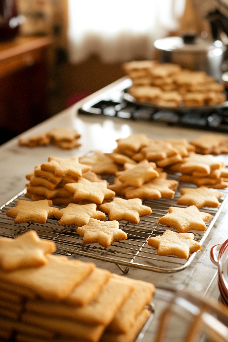 Unbaked cookie shapes are neatly arranged on a parchment-lined baking sheet resting on the white marble cooktop. The tray is ready to be transferred into a preheated oven for baking