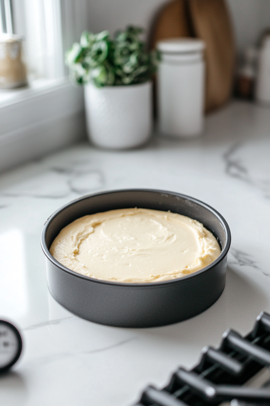 The springform pan with cake batter inside is placed on a counter, ready for baking in the oven. The white marble cooktop is visible in the foreground, and a timer is set to 40 minutes.