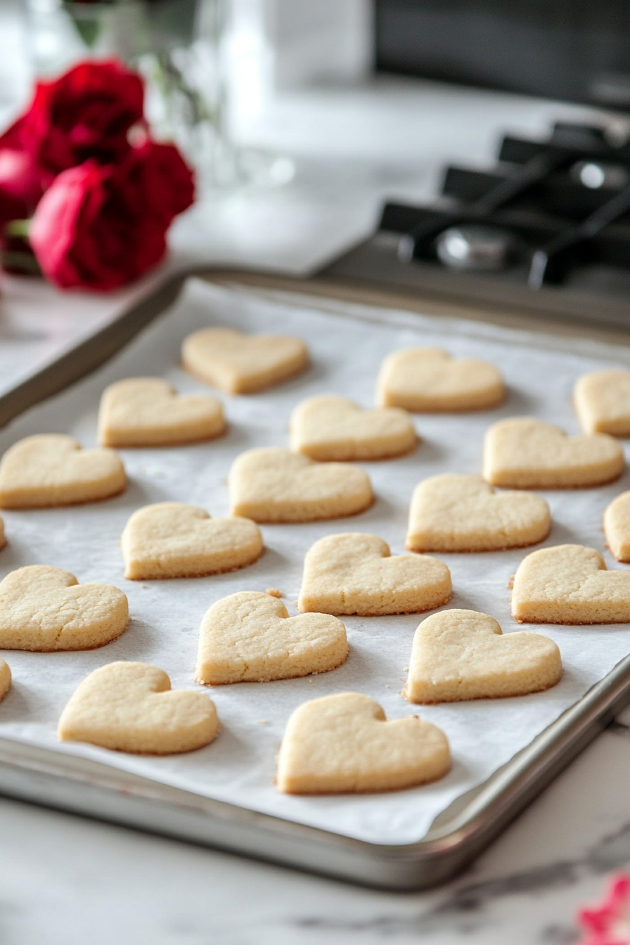 Uniformly cut cookie shapes arranged neatly on a parchment-lined baking sheet. The sheet rests on the white marble cooktop, ready to be transferred to the oven for baking