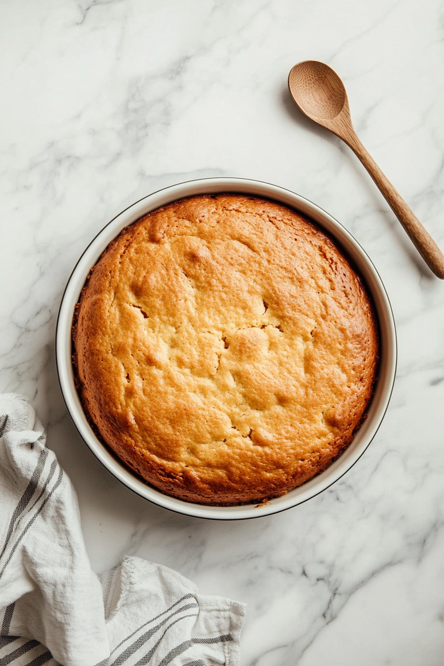 The golden-brown baked cake rests on the white marble cooktop, cooling for 10–15 minutes. Light steam rises from the warm cake.