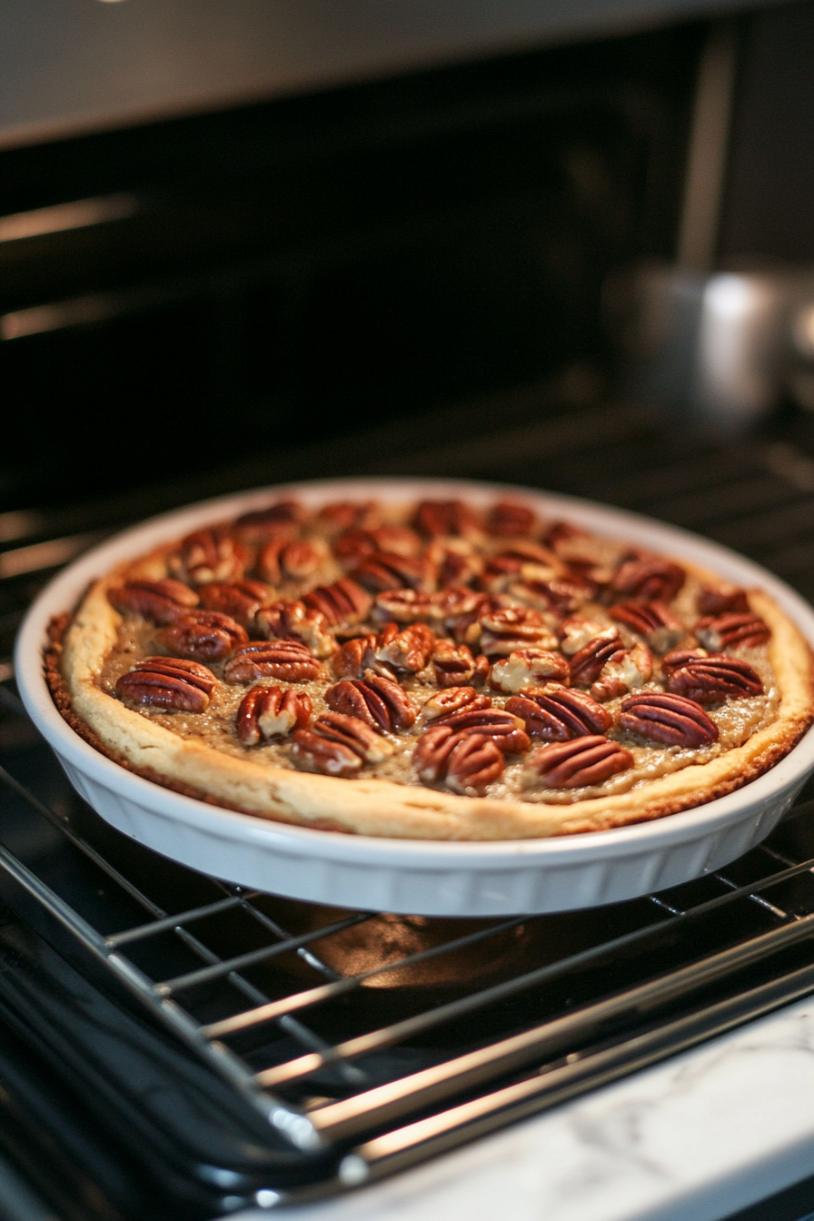 Cake pan placed back in the oven on a white marble cooktop, baking at 350°F (175°C) for 30-35 minutes until the cake is golden brown.