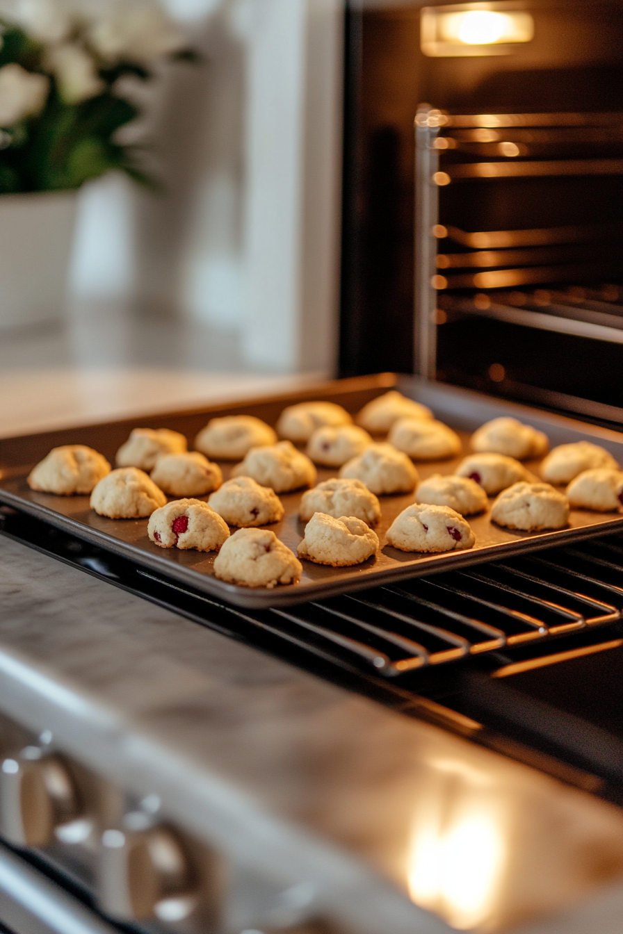 The baking sheets with cookie dough balls inside the oven, baking at 375°F (190°C) for 10 minutes, with the cookies beginning to slightly crack at the edges.