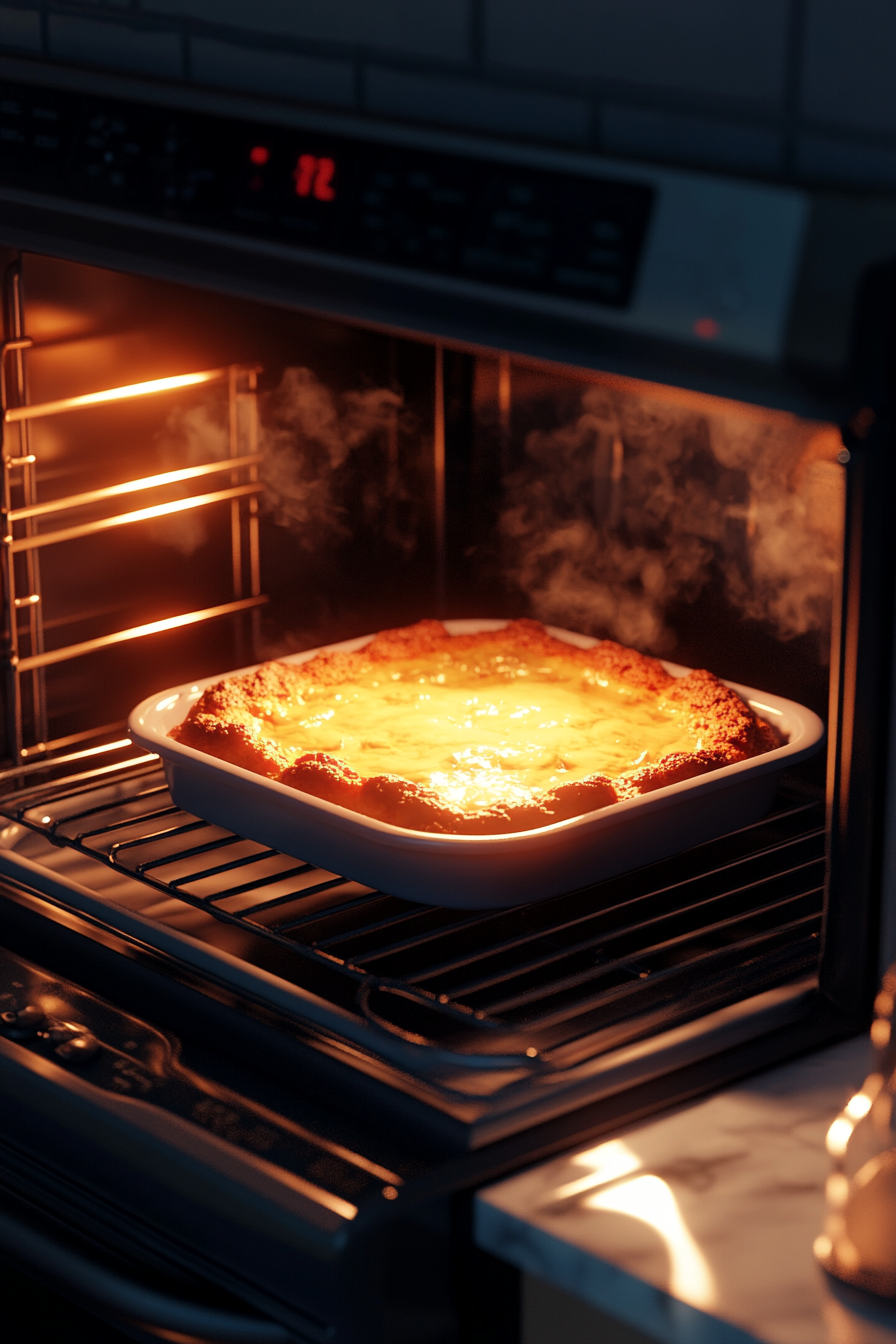 The 9×13-inch pan sits on a rack inside the glowing oven, with the batter rising and turning golden brown as it bakes. The light from the oven reflects off the white marble cooktop.