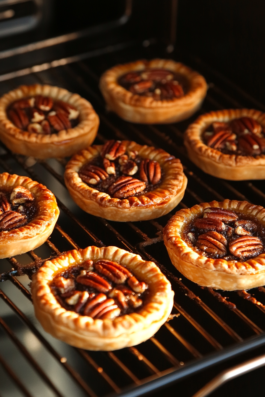 Mini pecan pies baking in the oven at 350°F. The tops are golden brown, and the filling is bubbling slightly as they near completion.