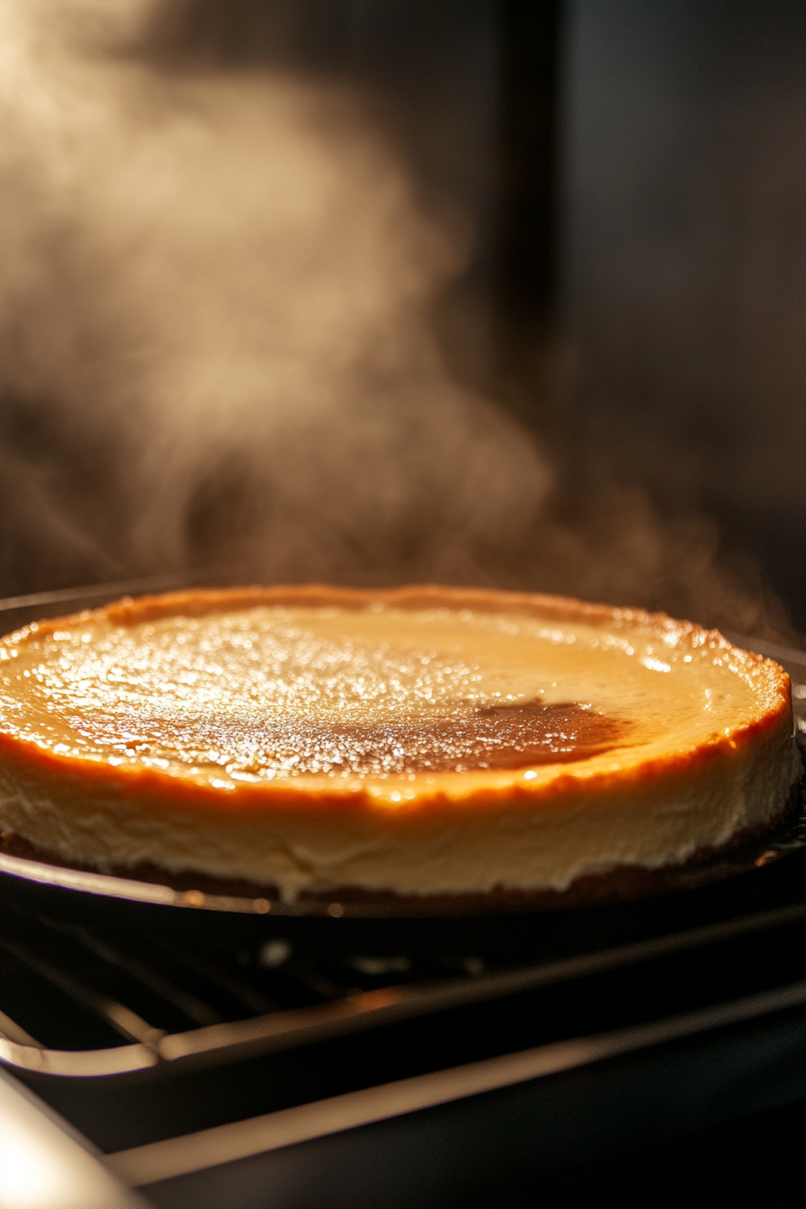 A springform pan is placed in a water bath inside an oven, with gentle steam rising. The cheesecake filling appears set but slightly jiggly in the center as it bakes.