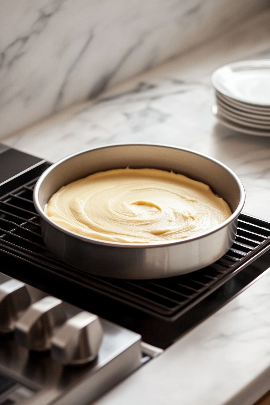 The 9×13-inch pan, filled with smooth cake batter, sits on the oven rack. The white marble cooktop reflects the oven's light as the cake bakes.