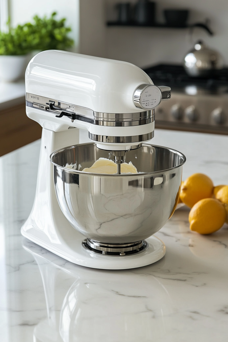 A glass mixing bowl on the white marble cooktop shows eggs and sugar being whisked together by a hand mixer. The mixture has turned light and thick after 5–7 minutes of mixing.