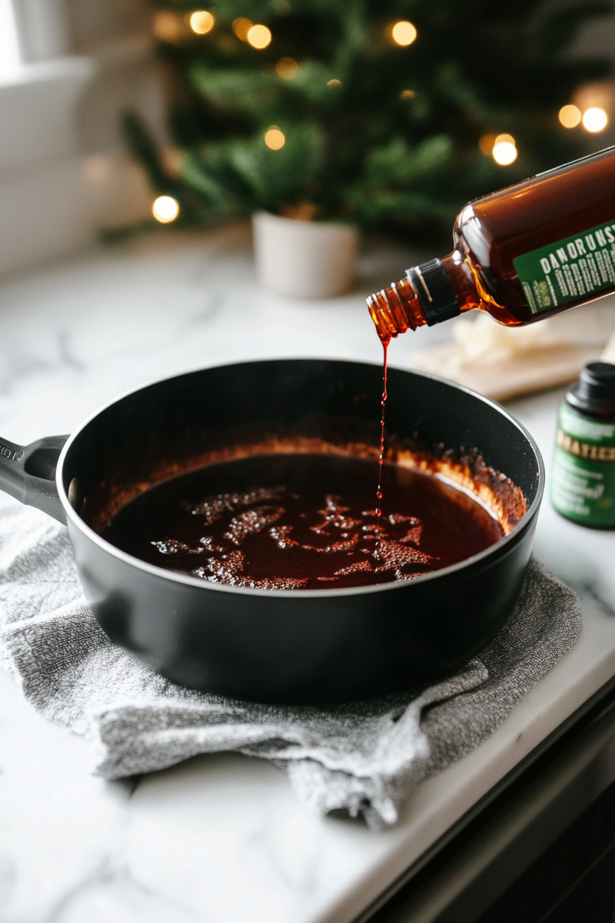 The black saucepan on the white marble cooktop, just removed from heat. Red food coloring is being dripped into the bubbling mixture, while a bottle of cinnamon oil sits nearby, ready to add its bold flavor.