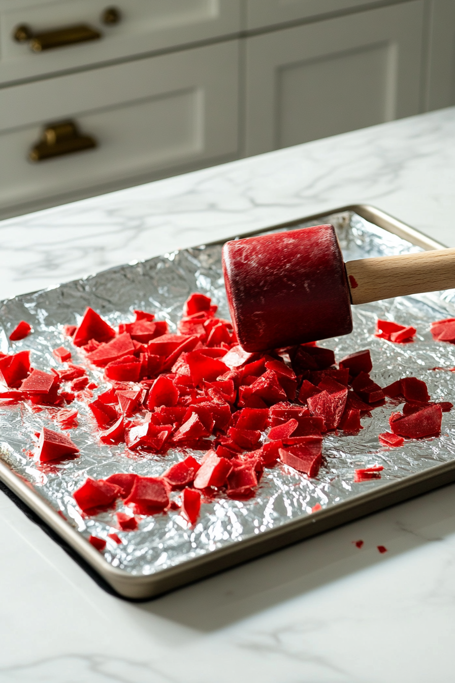 A kitchen mallet in motion, breaking the hardened red candy into irregularly shaped pieces on the foil-lined baking sheet over the white marble cooktop. Small shards scatter slightly across the surface.