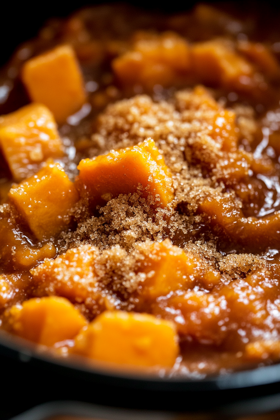 "Close-up of light brown sugar being sprinkled evenly over the sweet potatoes and butter in the slow cooker. The sugar falls gently over the mixture, adding a golden, rich texture to the top