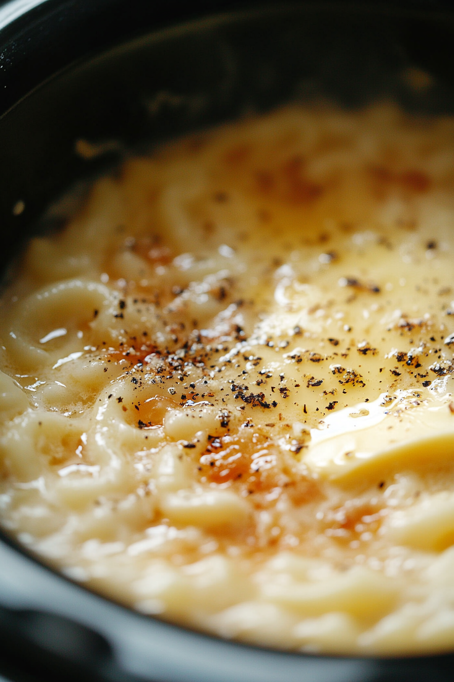 Close-up of butter melting over the cooked elbow macaroni inside the black crockpot. The butter is visibly softening, blending into the pasta, creating a creamy sheen. A small pinch of salt and black pepper can be seen lightly dusting over the pasta, adding to the texture and flavor