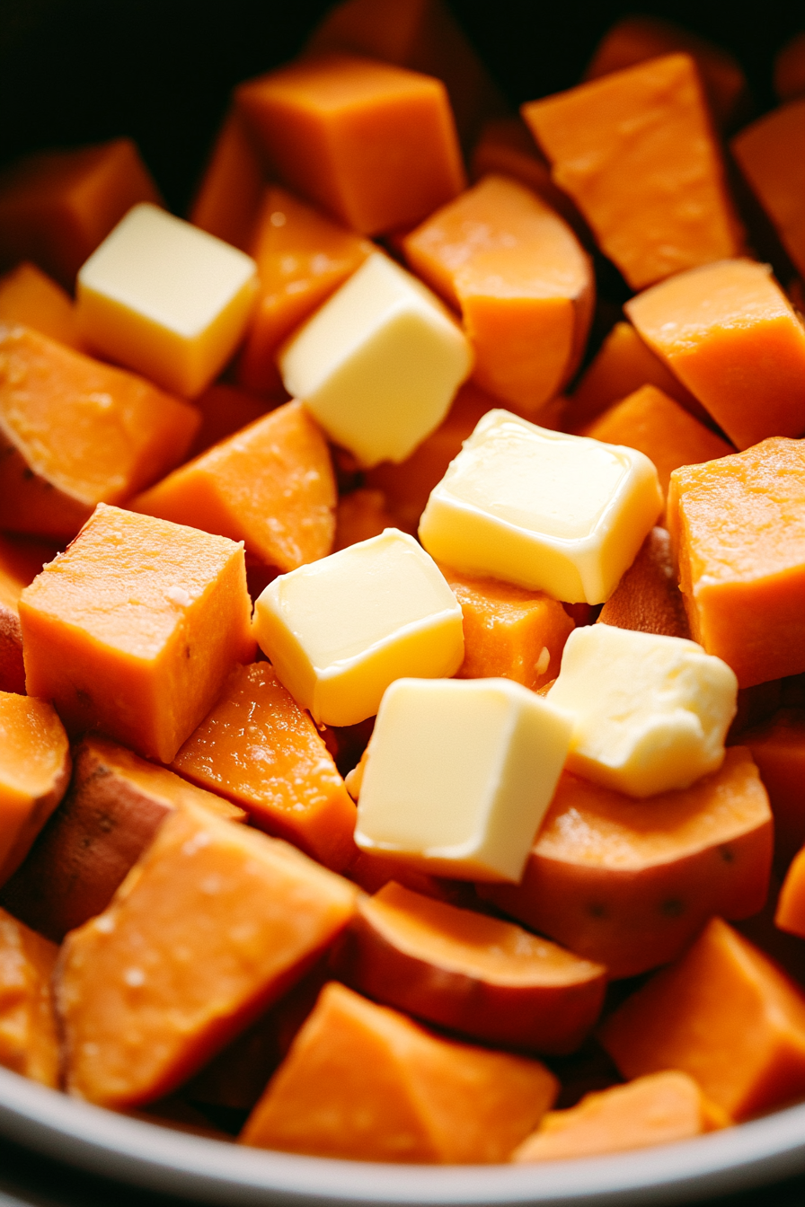 Close-up of small pieces of butter being arranged evenly over the sweet potatoes inside the slow cooker. The butter pieces are cut into small squares, scattered evenly, and starting to melt slightly into the warm sweet potatoes.