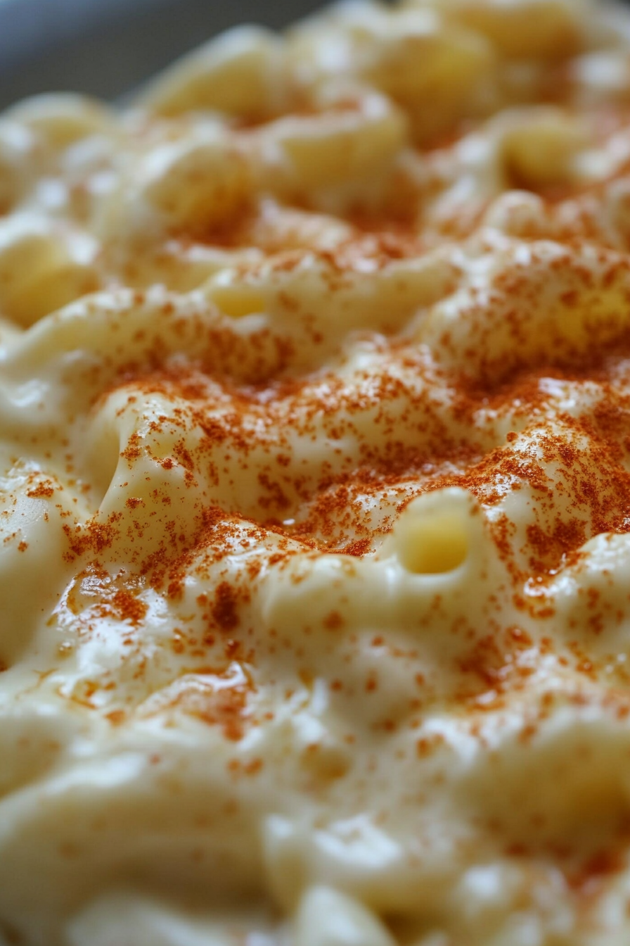 "Close-up of the finished Crockpot Macaroni and Cheese, with a creamy and cheesy texture. The top is beautifully garnished with paprika, showing a rich golden color. The dish is vibrant and appetizing, ready to serve.