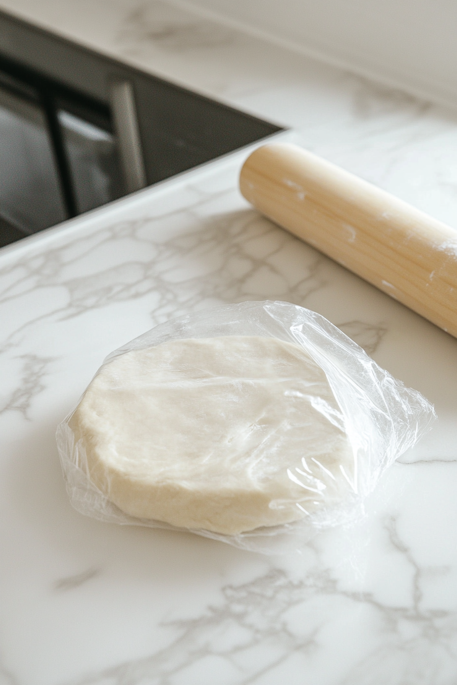 A disc of freshly formed pie dough wrapped in plastic wrap, resting on the white marble cooktop. The surface is lightly dusted with flour, and a rolling pin sits nearby, signaling readiness for the next step after chilling