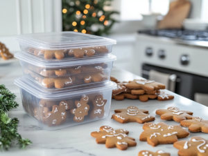 A stack of airtight containers filled with decorated gingerbread cookies is arranged on the white marble cooktop. The containers are sealed, preserving the festive treats for later enjoyment.