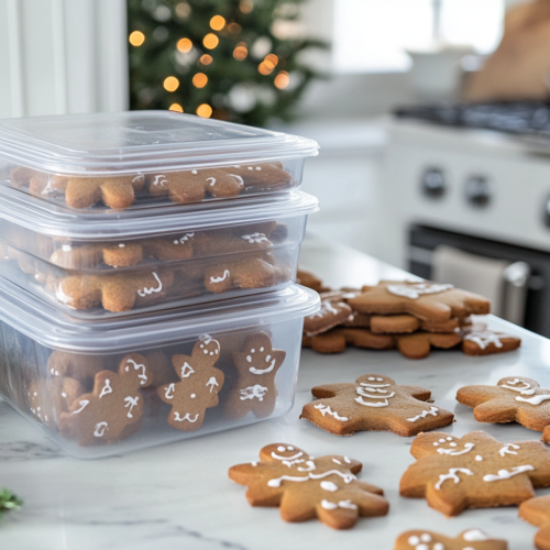 A stack of airtight containers filled with decorated gingerbread cookies is arranged on the white marble cooktop. The containers are sealed, preserving the festive treats for later enjoyment.