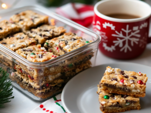 Sliced cookie bars are arranged on a white serving platter, surrounded by festive decorations such as pine branches, red berries, and extra holiday sprinkles. A cup of hot cocoa with whipped cream sits nearby, enhancing the cozy holiday atmosphere