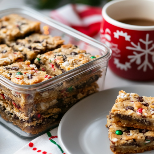 Sliced cookie bars are arranged on a white serving platter, surrounded by festive decorations such as pine branches, red berries, and extra holiday sprinkles. A cup of hot cocoa with whipped cream sits nearby, enhancing the cozy holiday atmosphere