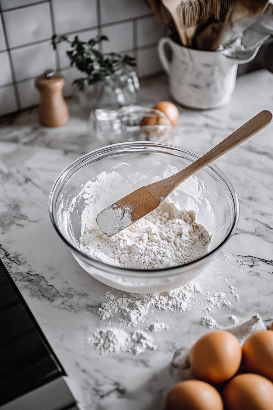 Illustrate a glass mixing bowl on a white marble cooktop where flour, baking powder, and salt are being whisked together into a smooth mixture. The ingredients are neatly arranged around the bowl, with a sense of order in the workspace.