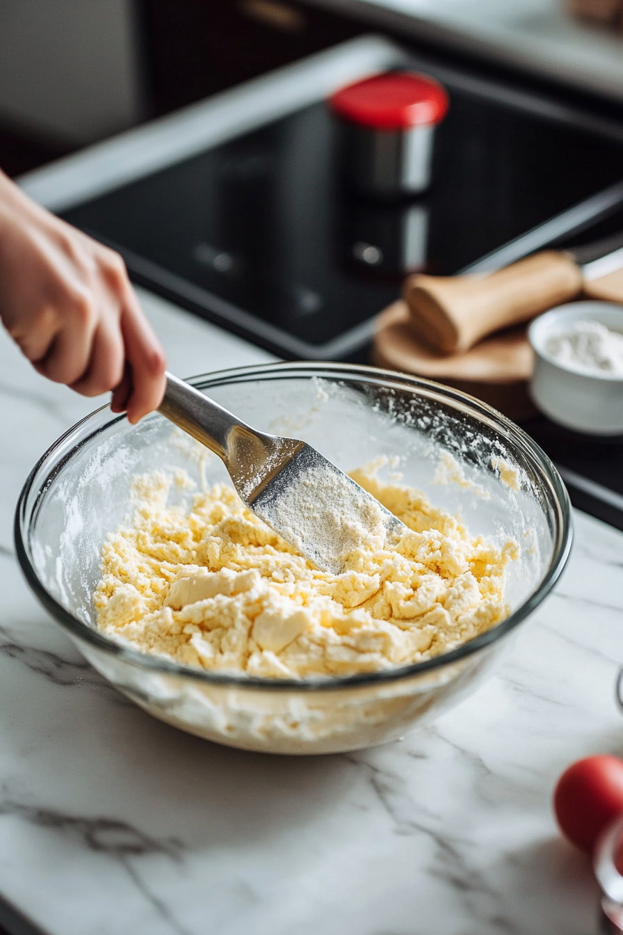 The dry ingredients are being slowly incorporated into the creamed butter and sugar mixture in a glass bowl on the white marble cooktop. A spatula folds the mixture into a soft and uniform cookie dough.