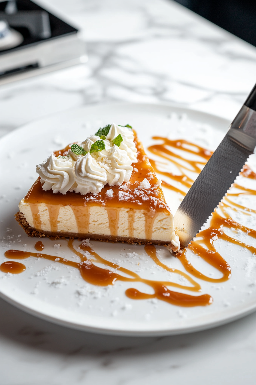 The chilled cheesecake is beautifully plated on a white dish. Swirls of whipped cream and drizzles of salted caramel sauce adorn the top. A knife, wet for a clean slice, is cutting a perfect piece on the white marble cooktop.