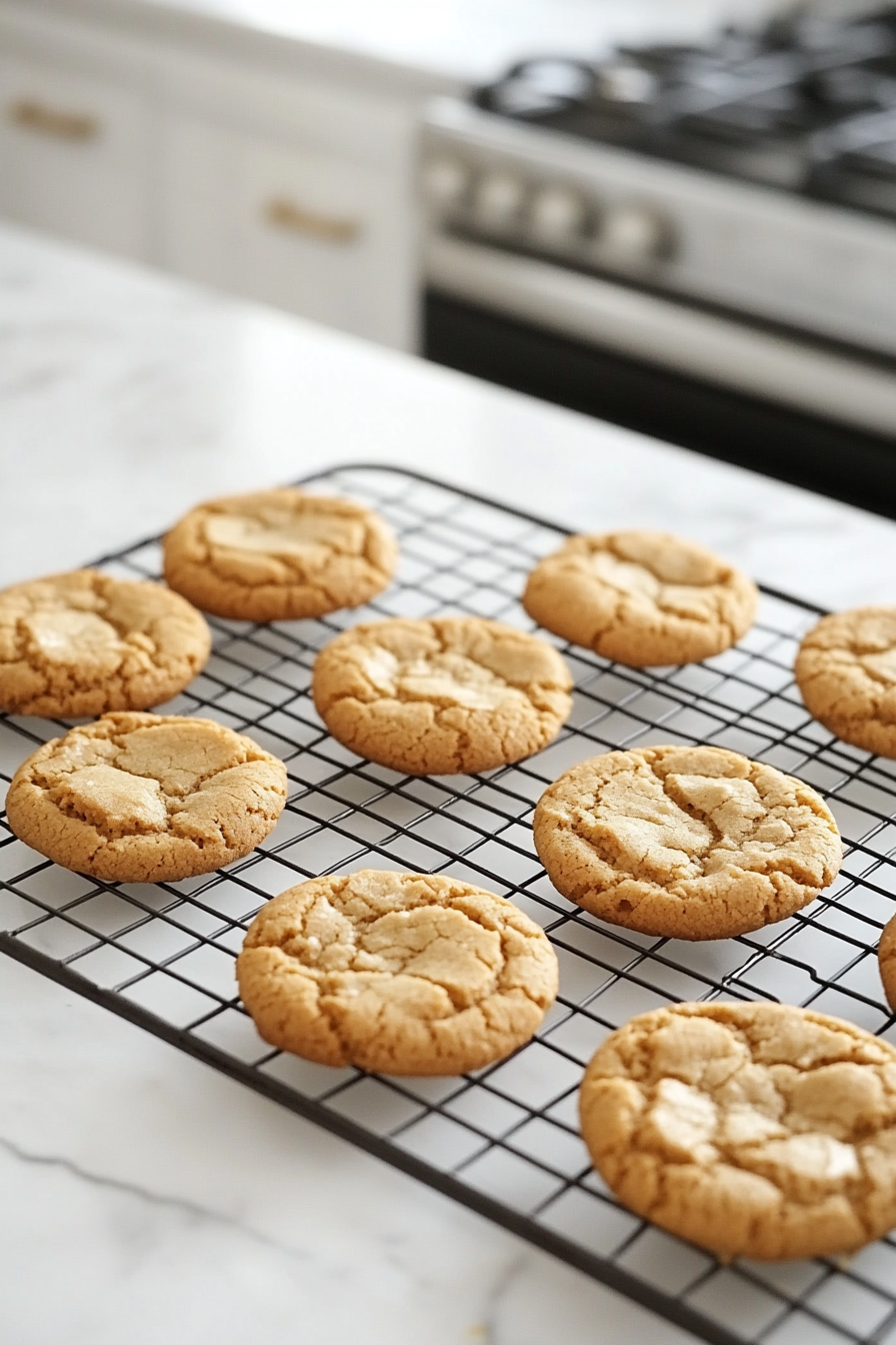 Freshly baked cookies cool on a wire rack placed over the white marble cooktop. The cookies are golden brown with crinkled tops, some stacked neatly while others rest flat