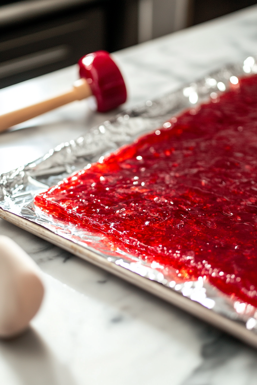 The foil-lined baking sheet on the white marble cooktop, now holding a solid sheet of bright red candy that has cooled completely. The shiny surface reflects the light, with a mallet nearby, ready to break it into pieces.