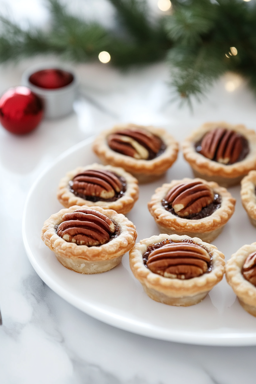 Freshly baked mini pecan pies cooling on a wire rack placed on the white marble cooktop. Their golden crusts and glossy pecan tops are highlighted