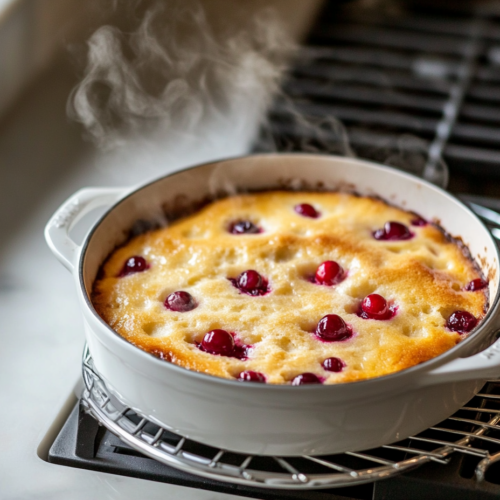 The cranberry cake resting in the baking dish on the white marble cooktop for 10 minutes. Steam rises gently from the cake as it cools, with a wire rack nearby, ready for the final cooling