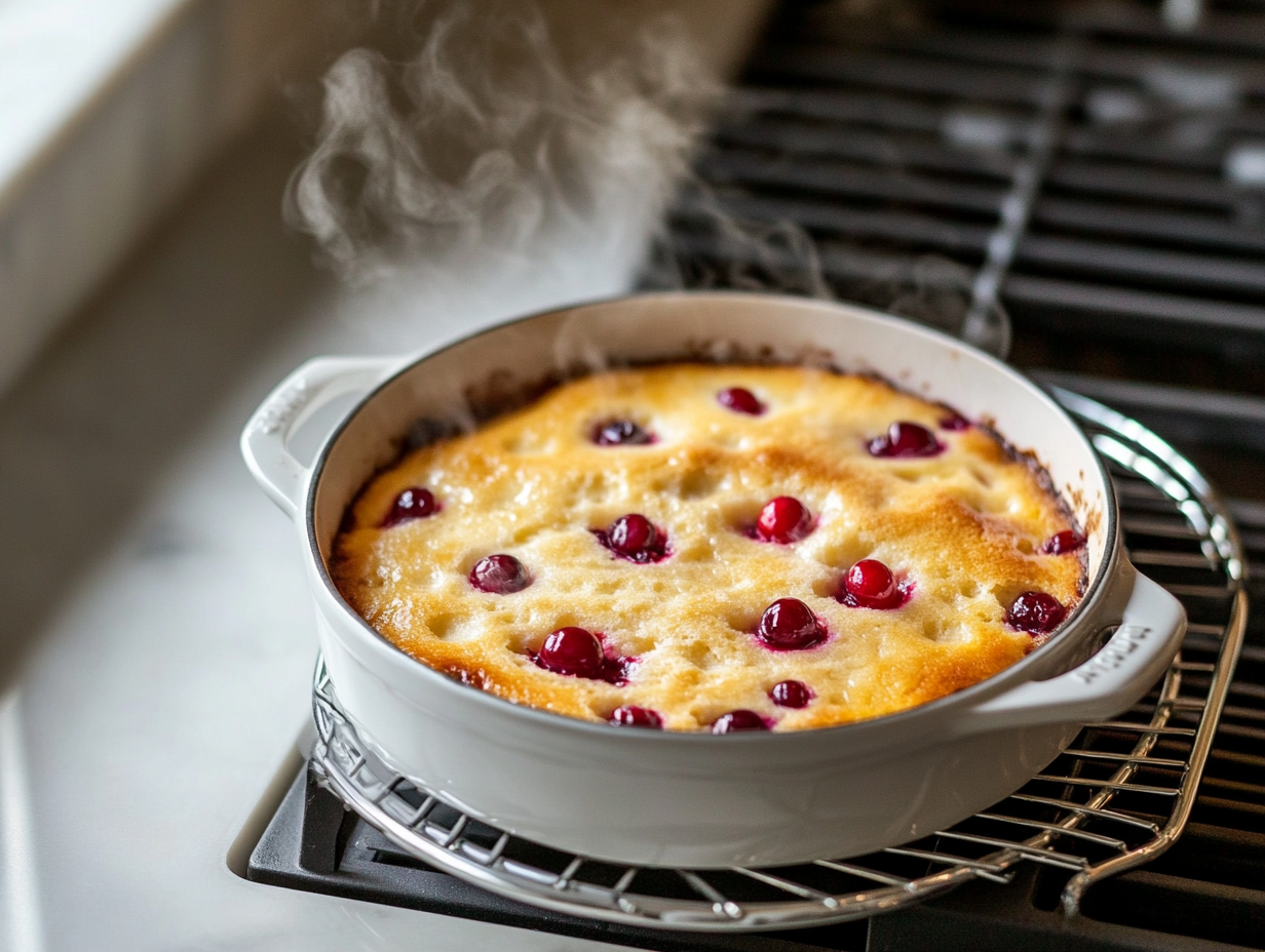 The cranberry cake resting in the baking dish on the white marble cooktop for 10 minutes. Steam rises gently from the cake as it cools, with a wire rack nearby, ready for the final cooling