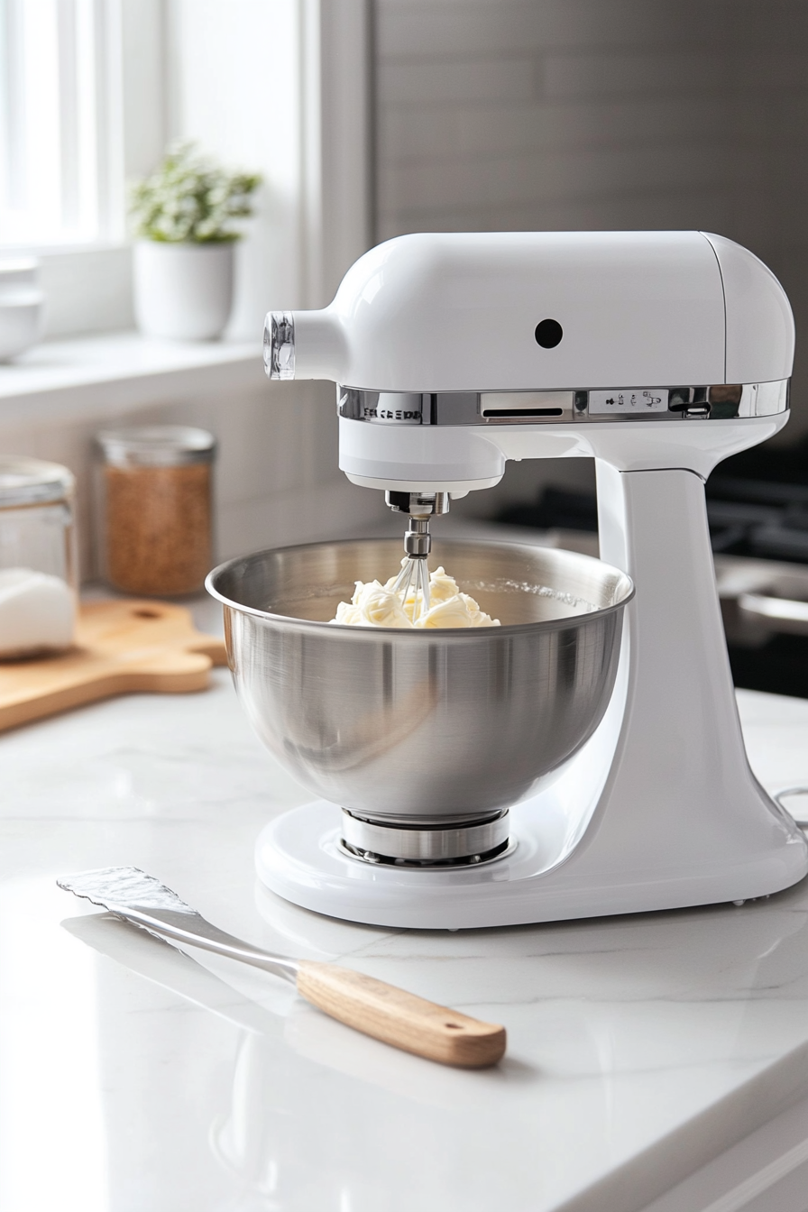 A stand mixer is creaming butter and sugar together in a bowl until fluffy and smooth. The mixer is placed on a white marble cooktop, with a spatula resting nearby.