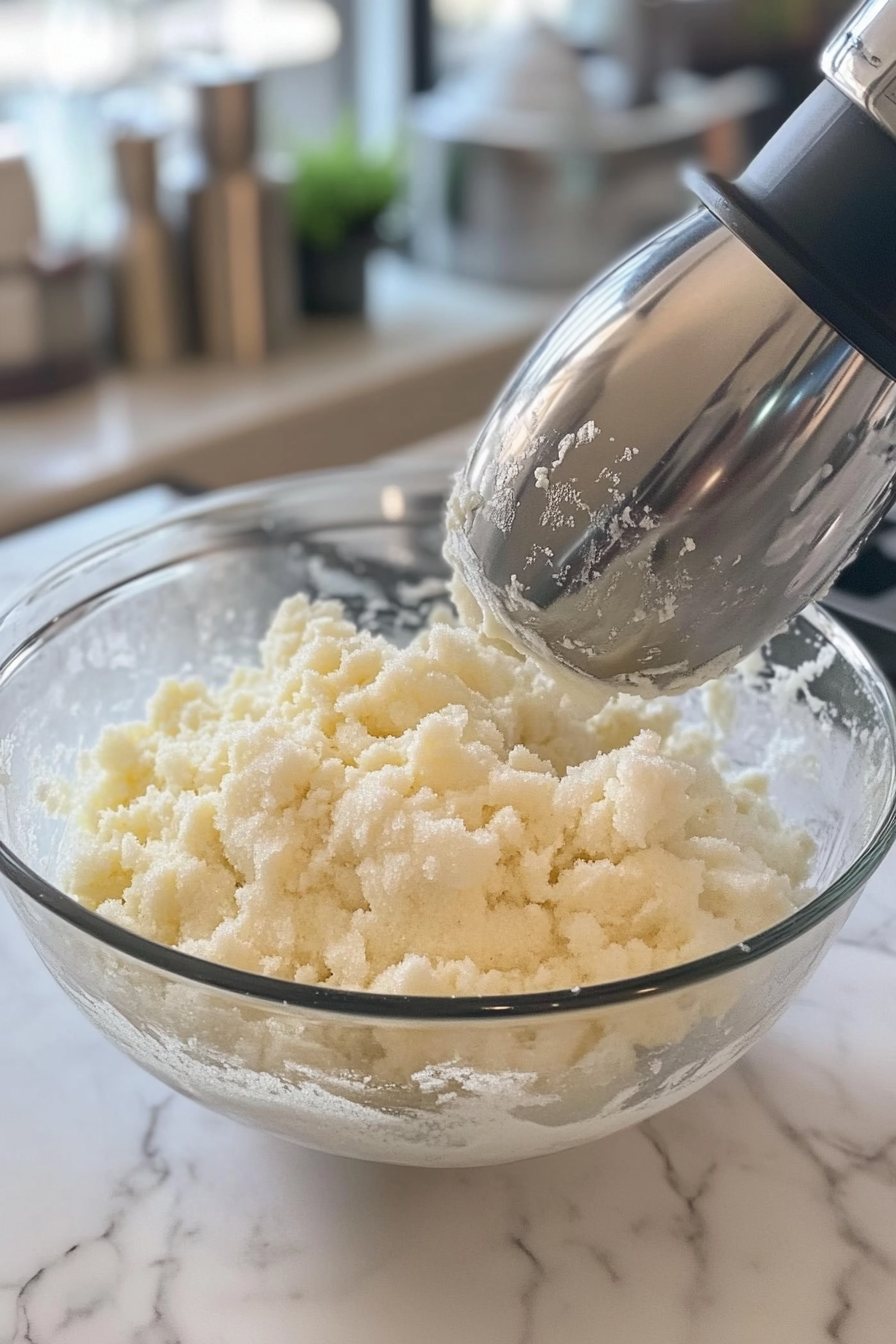 A glass mixing bowl on a white marble cooktop contains white sugar and vegan margarine being creamed together with an electric mixer. The mixture has a light and creamy texture, indicating it’s well-blended