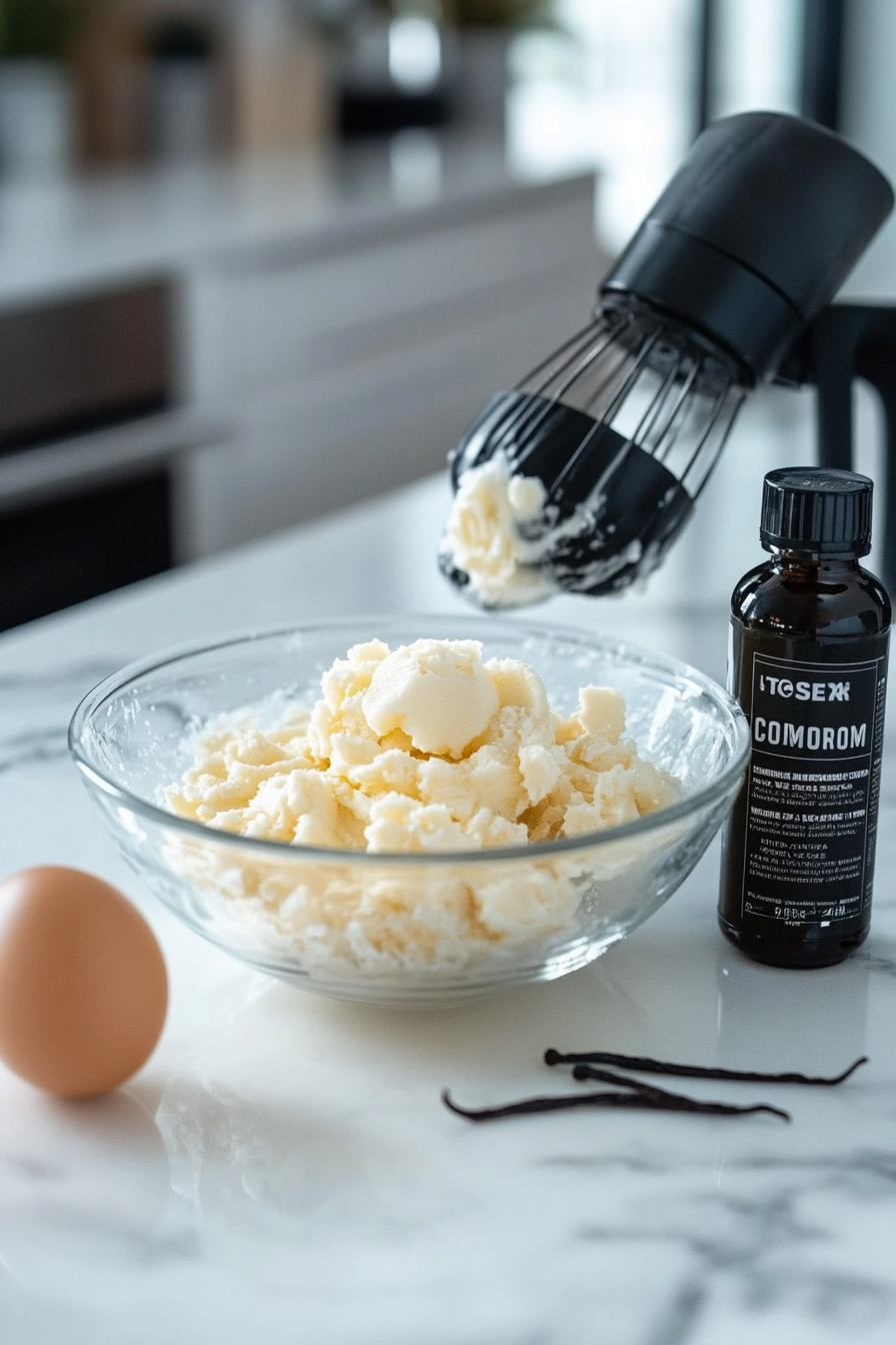 A glass bowl on a white marble cooktop with softened butter and granulated sugar being creamed to a smooth consistency using a hand mixer. A cracked egg and a vanilla extract bottle sit beside the bowl, ready to be added.