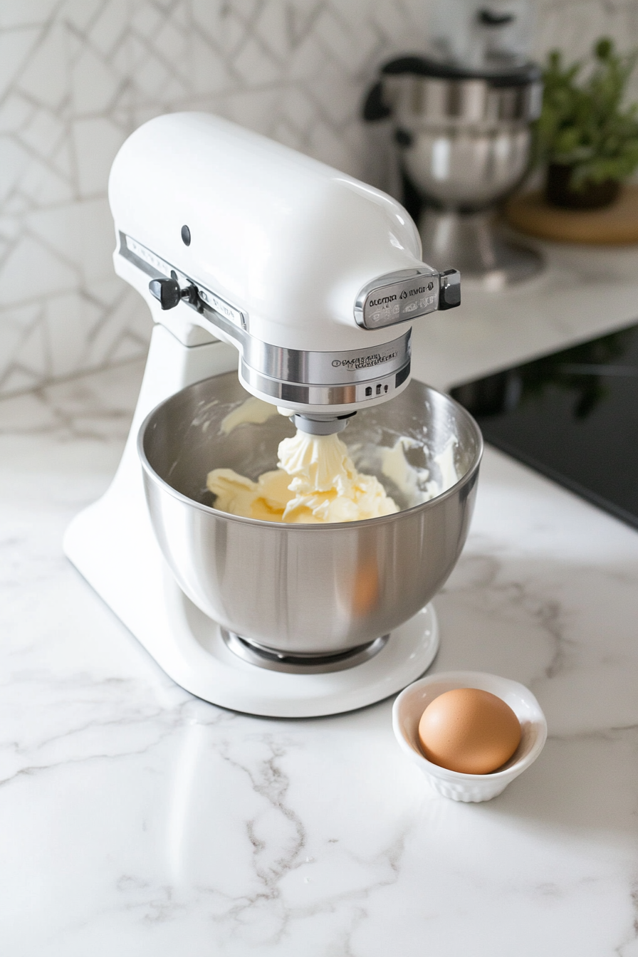 A stand mixer creaming room-temperature butter and sugar into a light, fluffy mixture, with an egg being cracked into the bowl.