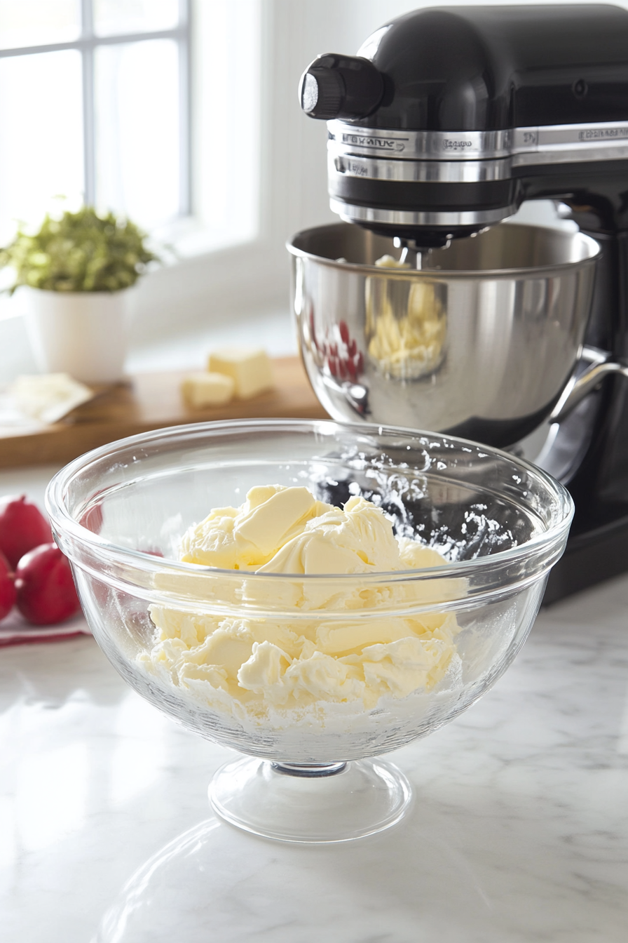 A glass mixing bowl on a white marble cooktop with softened butter and sugar being beaten to a creamy texture using an electric mixer. The mixture appears fluffy and light.