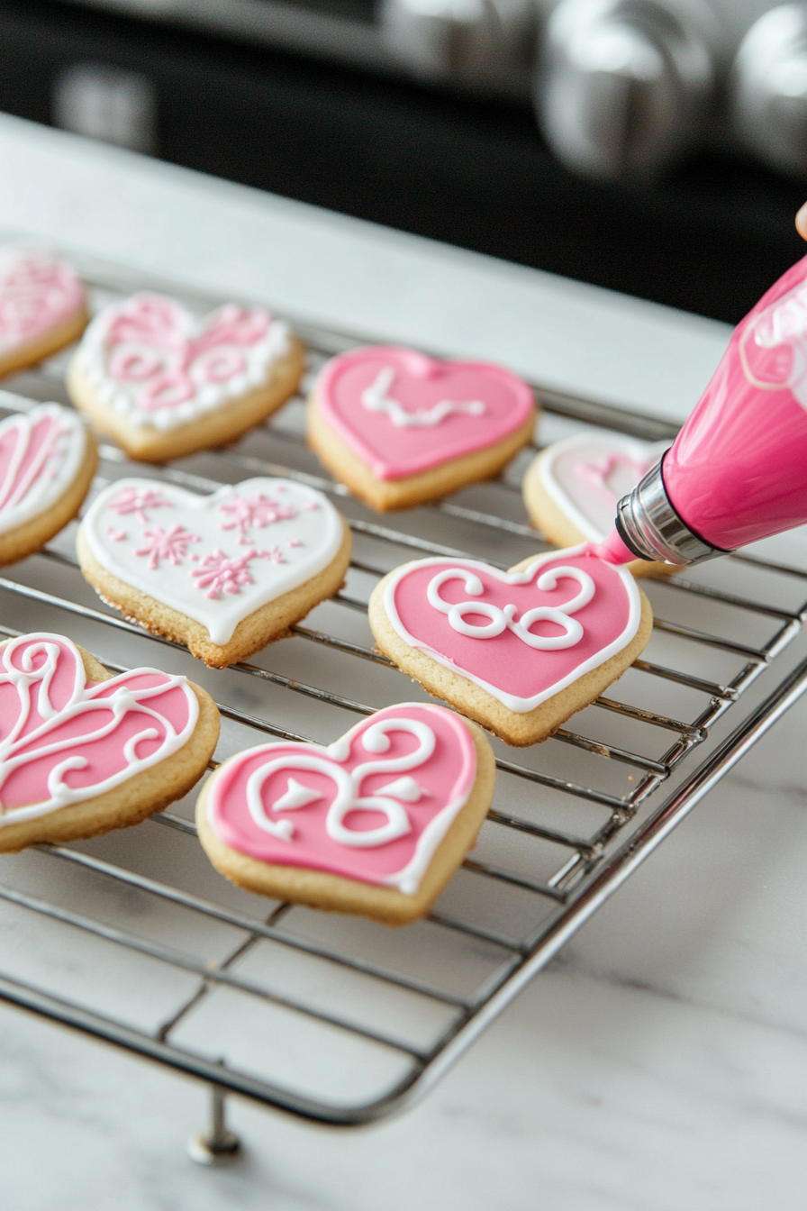 Freshly baked cookies on a cooling rack set on the white marble cooktop. Vibrantly colored royal icing is being piped onto the cookies using a piping bag, creating intricate and festive designs