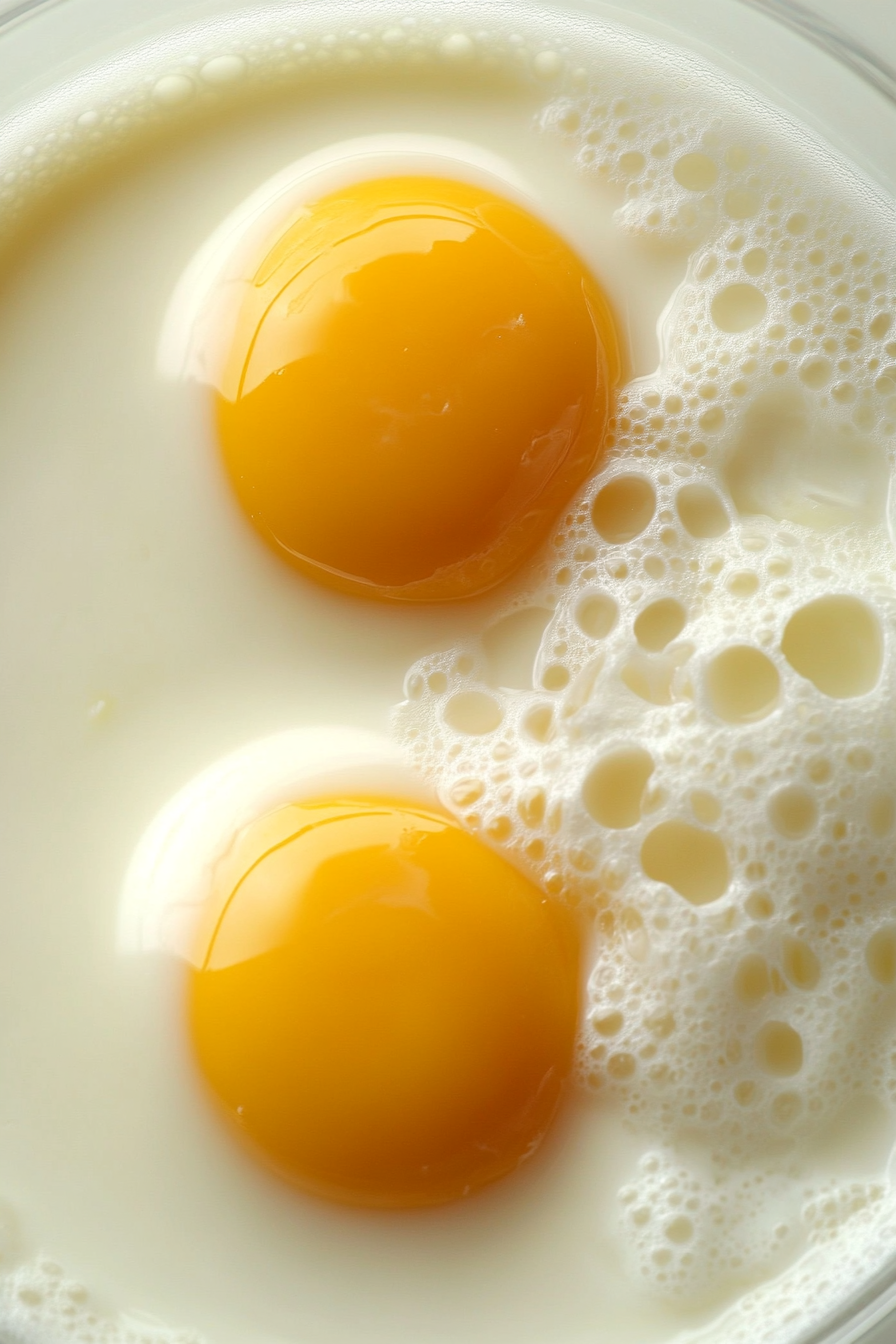 Close-up of evaporated milk and two well-beaten eggs in a glass bowl. The mixture is slightly swirling together, showing its smooth texture. The image captures the creamy texture of the egg and milk blend.