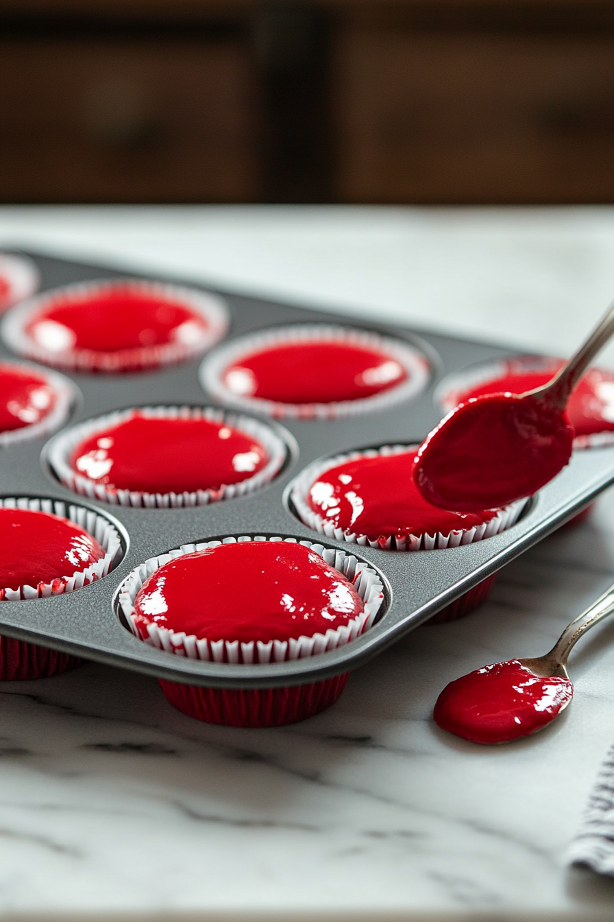 A muffin pan on the white marble cooktop with red cupcake batter being spooned into the lined cups, filling them halfway. A spoon rests nearby with a few drops of batter on it